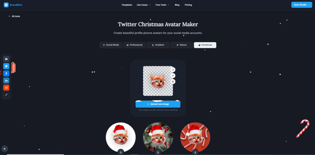 Screenshot Twitter Christmas Avatar Maker führt zur Webseite www.brandbird.app/tools/profile-picture-maker/christmas.