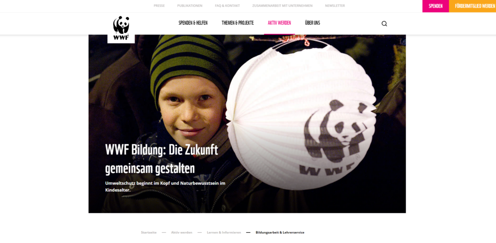 Dieser Screenshot WWF Bildung führt zur Webeite https://www.wwf.de/aktiv-werden/bildungsarbeit-lehrerservice 