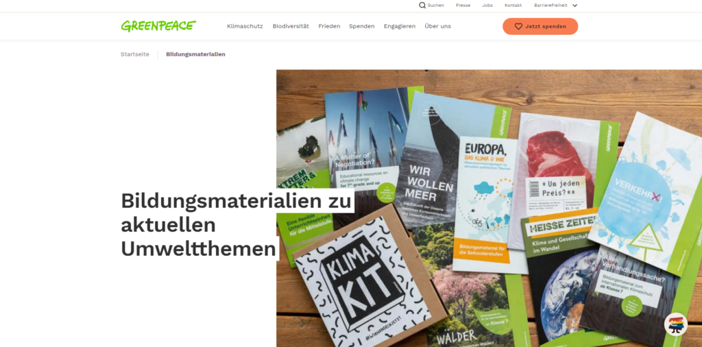Dieser Screenshot Greenpeace Bildung führt zur Webeite https://www.greenpeace.de/ueber-uns/umweltbildung/bildungsmaterialien