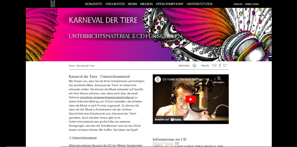 Der Screenshot Karneval der Tiere, Wiener Symphoniker führt zur Webseite https://www.wienersymphoniker.at/de/karneval